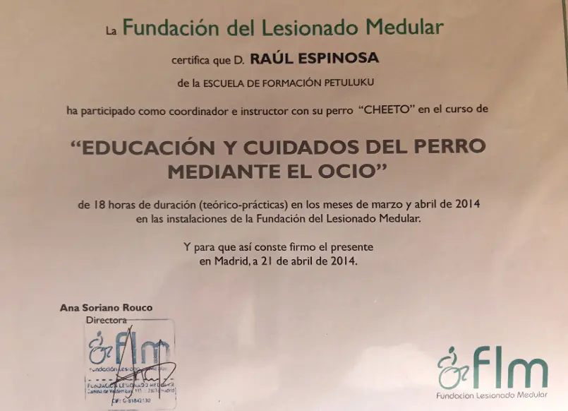 Diploma de la Fundación del Lesionado Medular a la Escuela Canina Guau Madrid