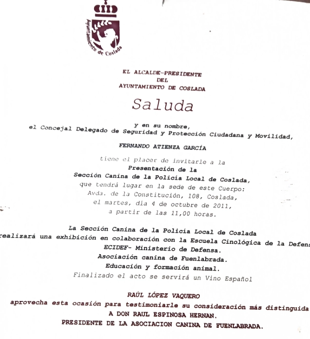 Saluda de la Policía Local de Coslada a la Escuela Canina Guau Madrid