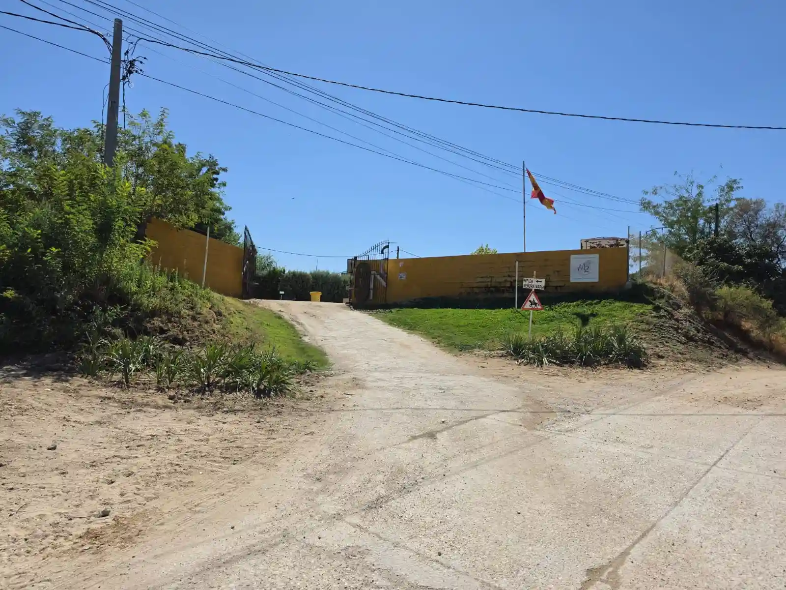 Camino pavimentado hacia la entrada de las instalaciones, junto a vegetación y una bandera.